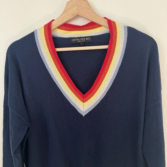 Central Park West Deep V Neck Rainbow Trim Sweater sz L Preppy Academia 90s Y2k - Picture 2 of 8